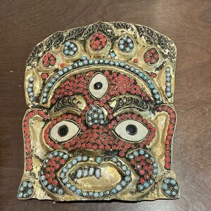 Vintage Hindu Ritual Brass Face Mask with Coral & Turquoise